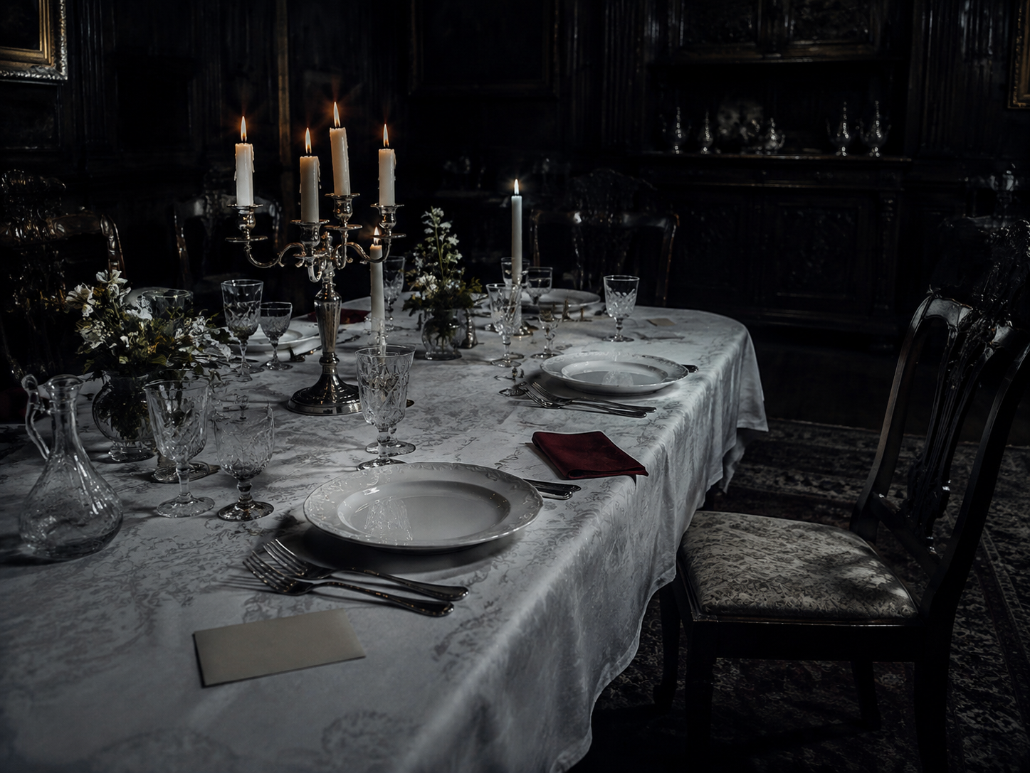 Elegánsan megterített, gyertyafényes vacsoraasztal